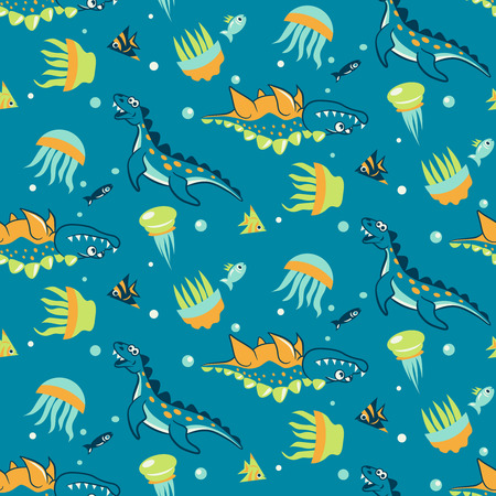 Seamless pattern with marine dinosaurs, fish and jellyfish.のイラスト素材