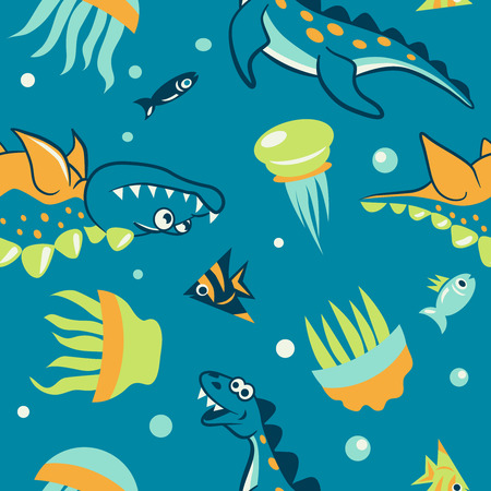 Seamless pattern with marine dinosaurs, fish and jellyfish.のイラスト素材