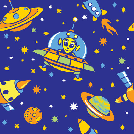 Seamless pattern with pictures of spaceships, aliens, stars and planetsのイラスト素材