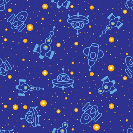 Seamless pattern with contour images of spaceships in the night sky.のイラスト素材