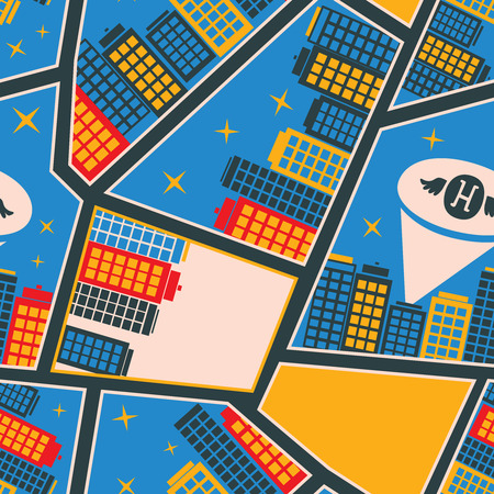 Seamless pattern with funny cartoon  high-rise houses and superhero elements.のイラスト素材