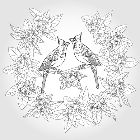 Coloring page for adults with birds and flowers.のイラスト素材