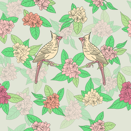 Seamless pattern with birds and flowers.のイラスト素材