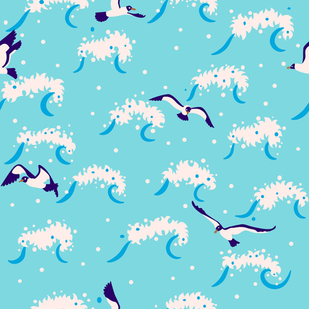 Seamless pattern - marine life of seagulls in waves.のイラスト素材