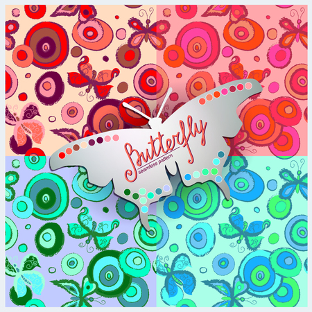 Four Seamless vector  pattern with  butterfly and circle and ring. Showing color samples, which are used in the patterns.のイラスト素材