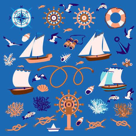 Nautical cartoon set: sailboats, fish, seagull, coral, wind rose, steering wheel, lifeline, binoculars, shell, knotsのイラスト素材
