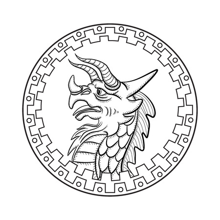 Dragon head in the ethnic border. Coloring for adults. Zentangle.のイラスト素材