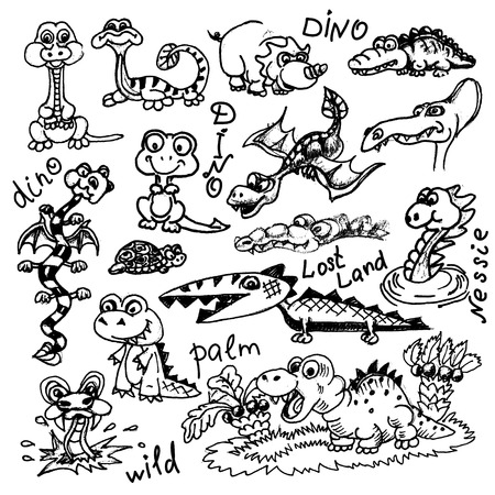Set of funny cartoon dinosaurs hand-drawn doodle.のイラスト素材