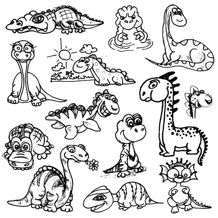 Set of funny cartoon dinosaurs hand-drawn doodle.のイラスト素材