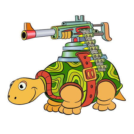 Cartoon fanny fighting Turtle in camouflage fatigues with machine gun mount on the shell.のイラスト素材