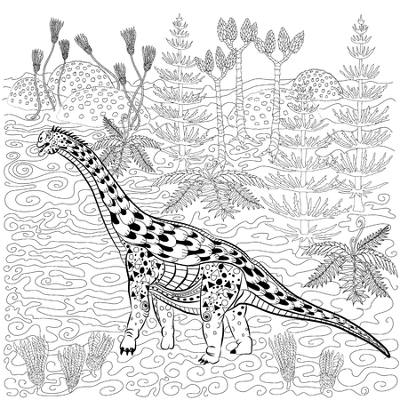 Diplodocus - prehistoric reptile in nature. Antistress Coloring Book for adults.のイラスト素材