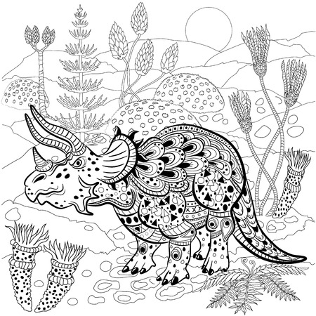 Triceratops - prehistoric reptile in nature. Antistress Coloring Book for adults.のイラスト素材