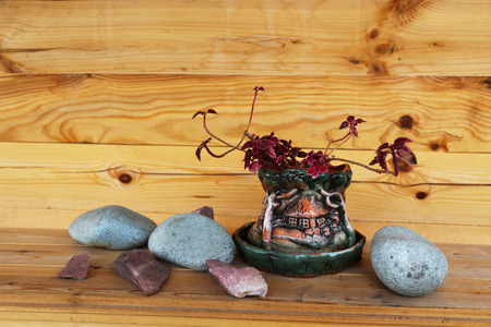 Still life. Stones and a vase with a flower on the background of wooden wall.の写真素材