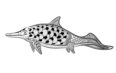 Ichthyosaur - prehistoric reptile monster. Antistress Coloring Book for adults.のイラスト素材