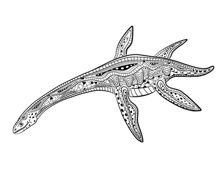 Plesiosaur - prehistoric reptile monster. Antistress Coloring Book for adults.のイラスト素材