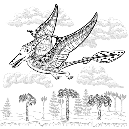 Pterodactyl - prehistoric monster in nature. Antistress Coloring Book for adults.のイラスト素材