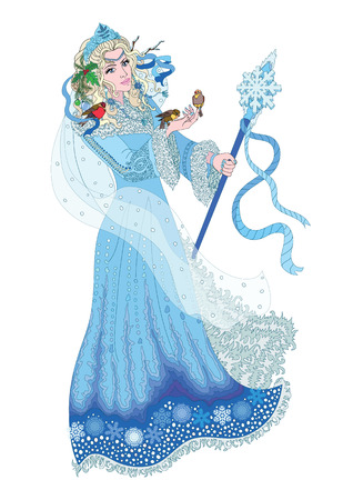 Winter Lady in the crown and decorated with a fur coat holding a staff. In her hand sitting birds.のイラスト素材