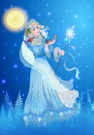 Winter Lady in the crown and decorated with a fur coat holding a staff. In her hand sitting birds.のイラスト素材