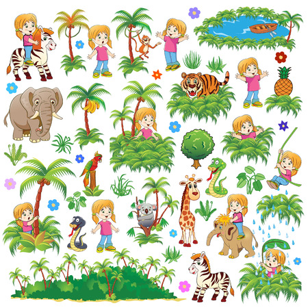 Set Vector illustration for children. Adventures of Mary. Travel in the jungle?together? with Mary and make new friends!のイラスト素材