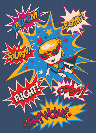 Funny cartoon character - a boy-superhero. Elements of superheroes.のイラスト素材