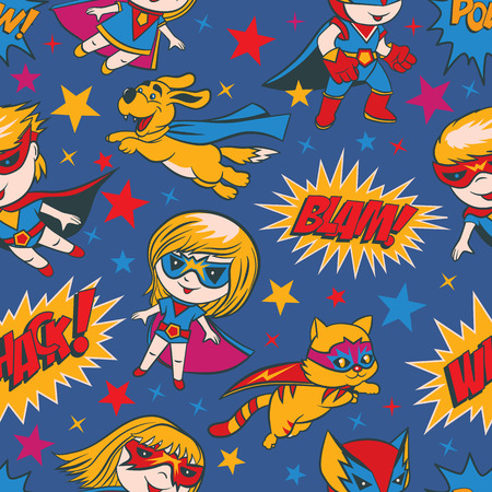 Seamless pattern with funny cartoon boys, girls, dogs and cats superheroes and superhero elements.のイラスト素材
