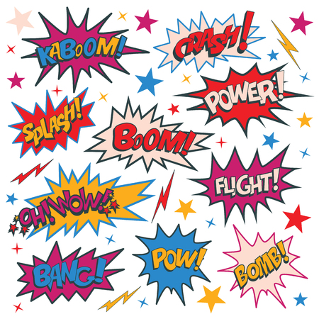 Funny cartoon superhero elements: kaboom, crash, power, splash, boom, wow, flight, bomb, pow, bang.のイラスト素材