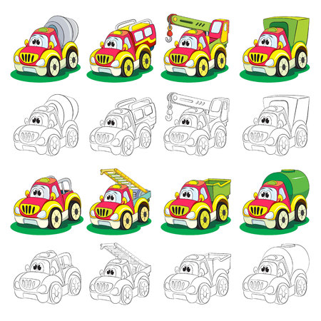 Set of painted and coloring book cartoon truck. The set includes a cement mixer, SUV, crane, van, pickup, a ladder; tipper, tank.のイラスト素材