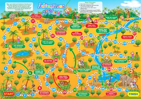 Vector illustration of board game for children. Adventures of Mary. Travel in the jungle together with Mary and make new friends.のイラスト素材