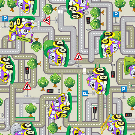 Seamless pattern with Tree, Trucks and Crossing the road on a yellow background.のイラスト素材