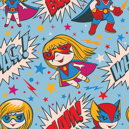 Seamless pattern with funny cartoon boys and girls superheroes and superhero elements.のイラスト素材