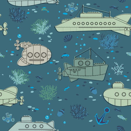 Seamless pattern. Submarines and underwater life of sea.のイラスト素材