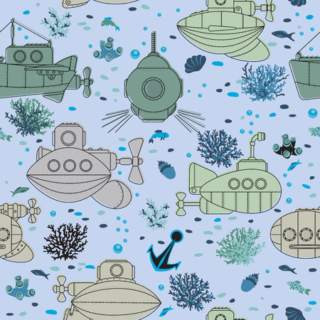 Seamless pattern. Submarines and underwater life of sea.のイラスト素材