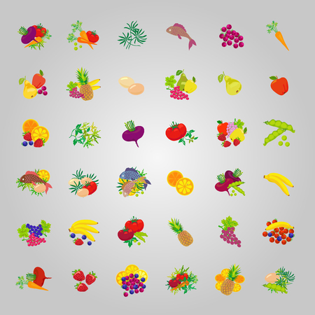 Set of icons of diet food: fruits, vegetables, fish, greens.のイラスト素材