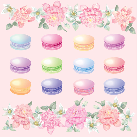 Flowers and macaroons background for postcards vector illustration.のイラスト素材