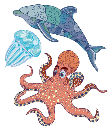Jellyfish, octopus and dolphin with ornaments on the body vector illustration.のイラスト素材