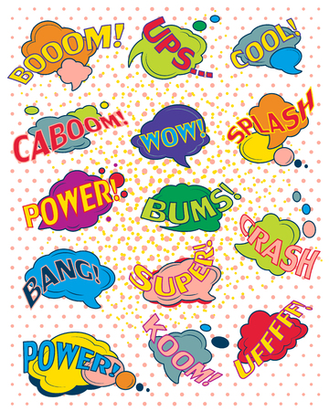 Collection of cartoon pop art elements typography includes crash, boom, pow, bang, wow, splash, power, bums, cool in colored illustration.のイラスト素材
