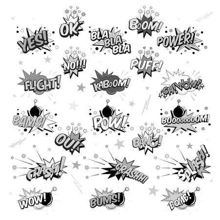 Collection of cartoon pop art elements includes  crash, boom, pow, bang, wow, bams, splash, power, bums, flight, bomb, yes, ok in black and white illustration.のイラスト素材