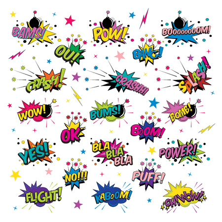 Collection of cartoon pop art elements typography includes crash, boom, pow, bang, wow, bams, splash, power, bums, flight, bomb, yes, ok in colored illustration.のイラスト素材