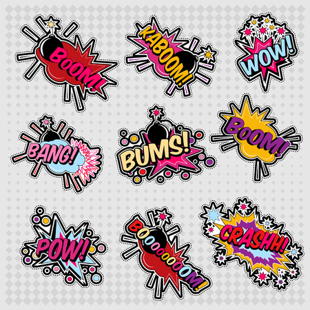 Collection of cartoon pop art elements includes crash, boom, pow, wow, kaboom, bang, bums in colored illustration.のイラスト素材