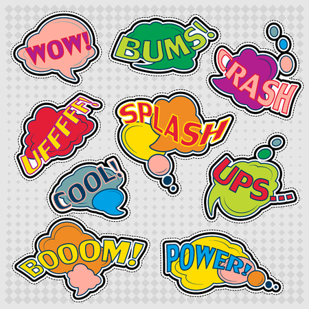 Collection of cartoon pop art speech bubbles elements includes crash, boom, ups, wow, splash, power, bums, cool in colored illustration.のイラスト素材