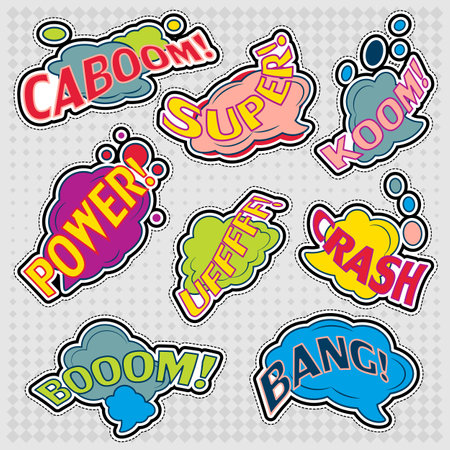 Color funny cartoon superhero elements: crash, boom, bang, super, power, uf, caboom, koom.のイラスト素材