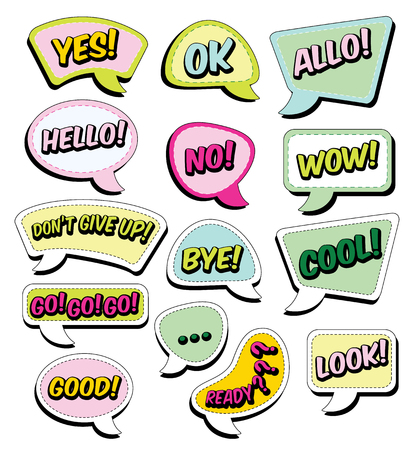 Color funny cartoon superhero elements: go, good, look, hello, wow, cool, allo, bye, ok, ready, yes, no, don't give up.のイラスト素材