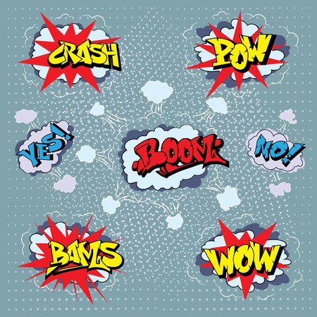 Collection of cartoon pop art speech bubbles elements typography includes crash, boom, yes,, no, wow, pow, bams in gray background with dots.のイラスト素材