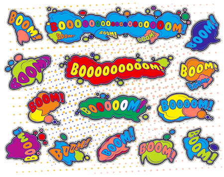 Collection of cartoon pop art typography element of "boom" in colored illustration.のイラスト素材