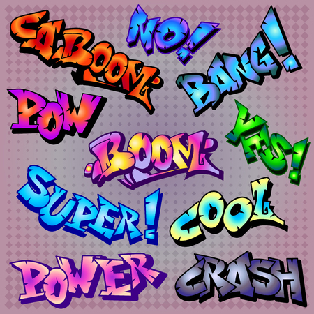 Color funny cartoon superhero words: crash, boom, bang, pow, cool, yes, no, power, caboom, super.のイラスト素材