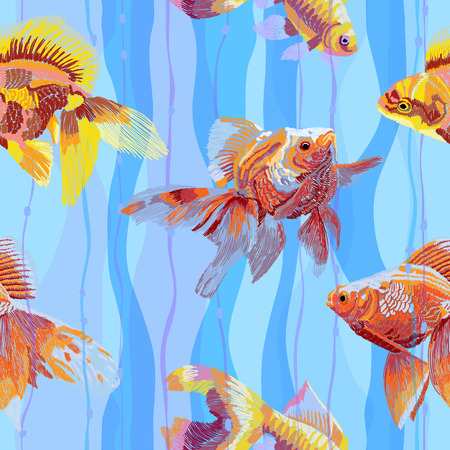 Imitation of embroidery of Chinese goldfish on a wavy striped background seamless pattern.のイラスト素材