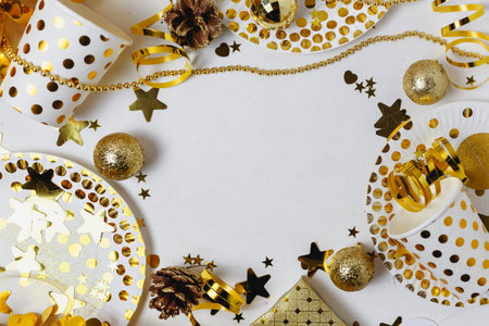 New Year 2021festive table decoration, party. Christmas gold stars, festive paper plates and glasses, multicolored hearts, gold confetti stars on white backgroundの写真素材