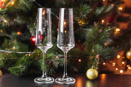 New Year 2021 and Christmas Festive table decoration.Champagne glasses on the table. New Years atmosphere, Christmas tree with garlands and toys in the background.の写真素材