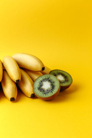 Healthy food concept, bananas and kiwi on yellow backgroundの写真素材