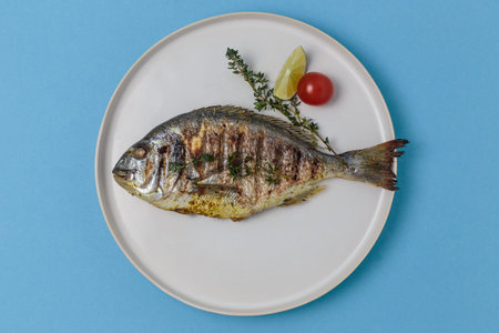 Grilled dorado with thyme, tomato, lemon and spices in a white plate on a blue background